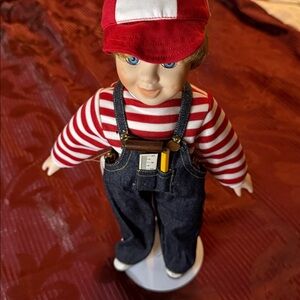 Striped Red and White Doll with Denim Overalls
